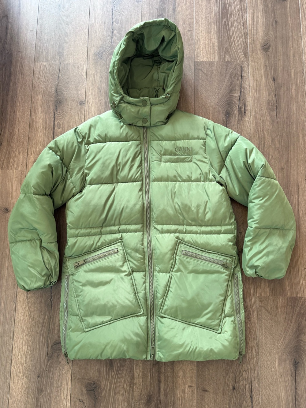 GANNI Oversized Tech Puffer Jacket Coat Sage Green Dill XXS/XS